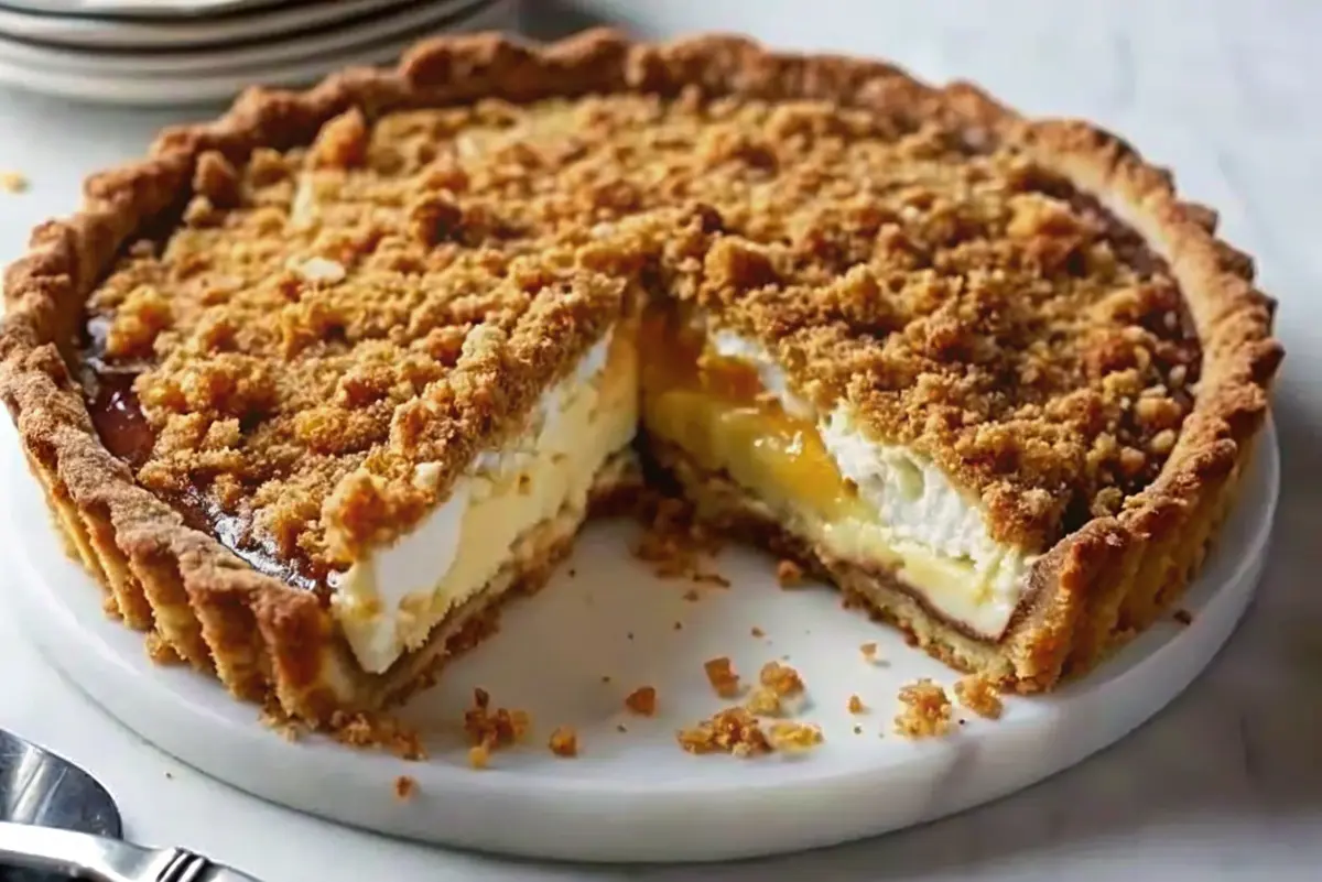Slice of Caramel Drumstick Ice Cream Pie with caramel ribbon and chocolate-peanut topping