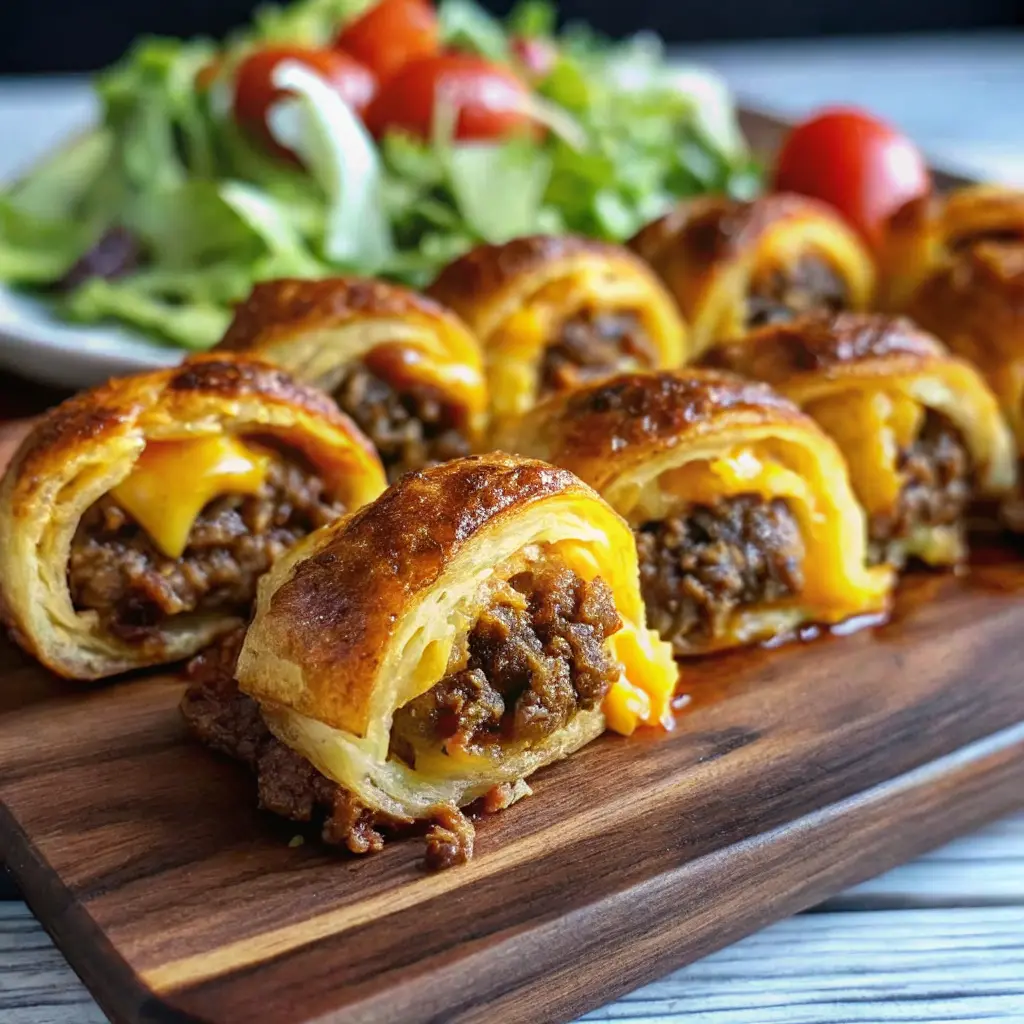 Golden Cheeseburger Rollups on a wooden board