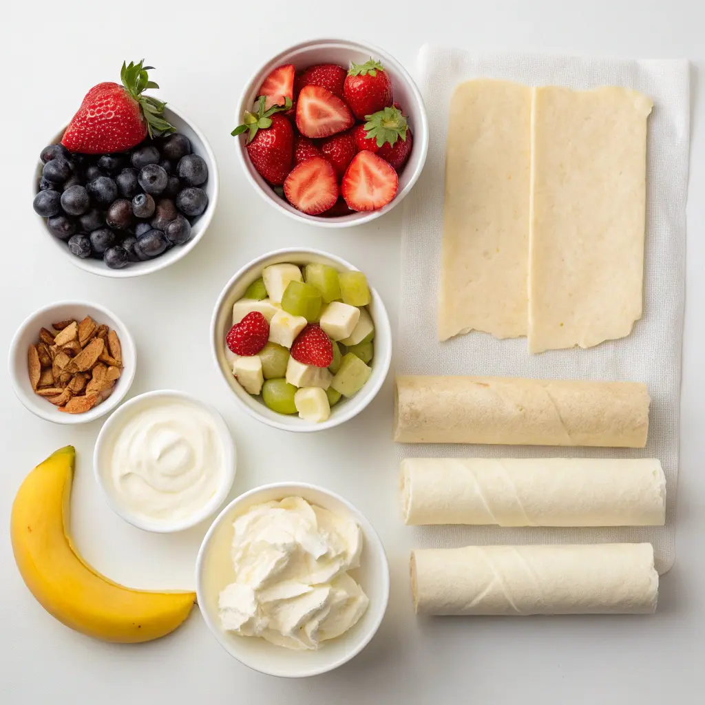 Cheesecake Fruit Salad Roll Ups with cream cheese and fresh fruit in tortilla slices