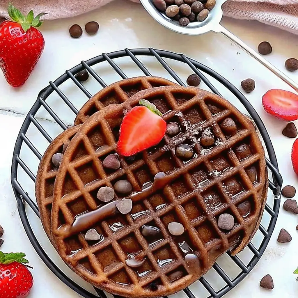 Chocolate buckwheat waffles stacked with syrup and berries