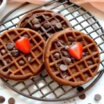 Chocolate buckwheat waffles stacked with syrup and berries