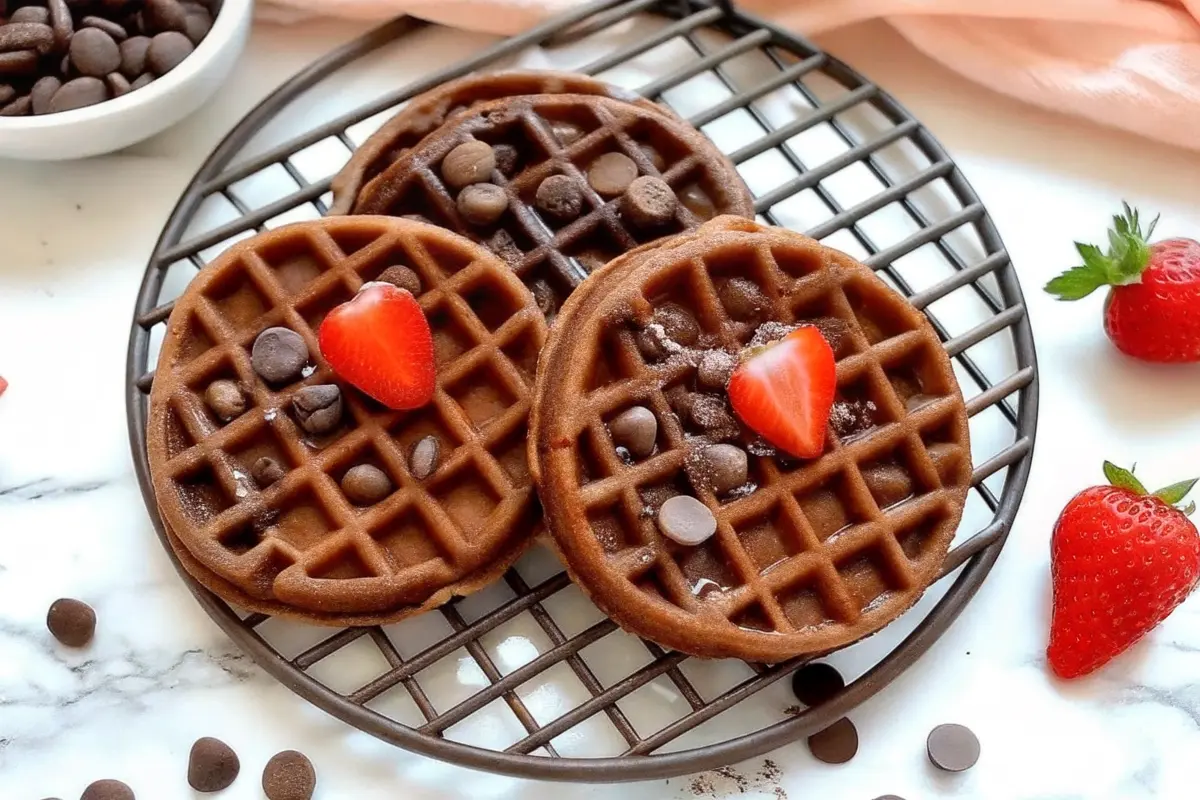 Chocolate buckwheat waffles stacked with syrup and berries
