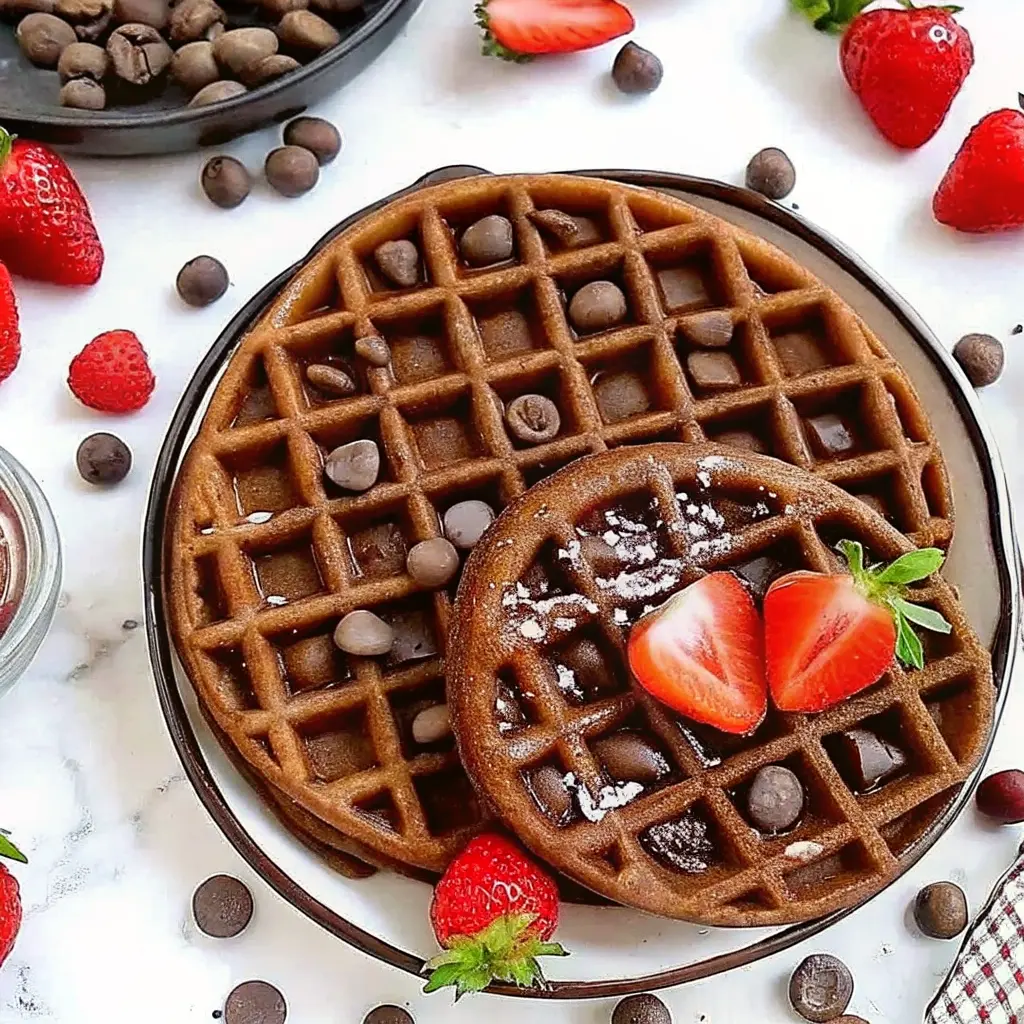 Chocolate buckwheat waffles stacked with syrup and berries