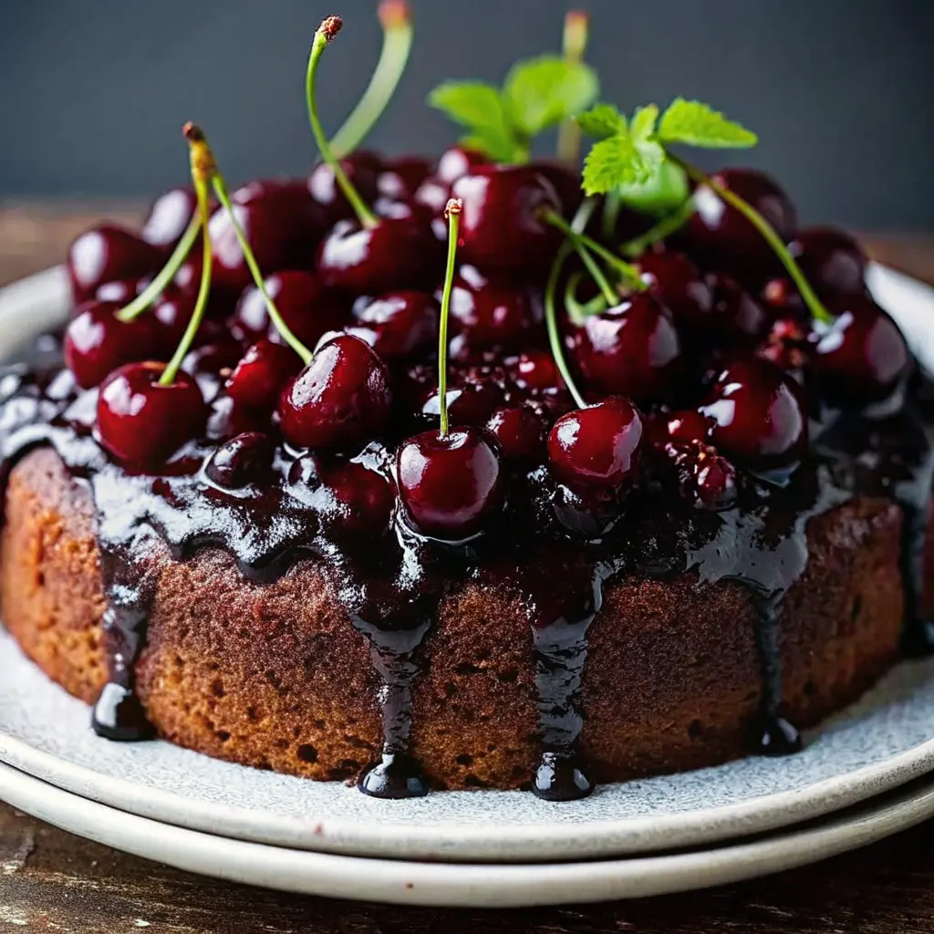 Glossy chocolate cherry upside down cake topped with caramelized cherries