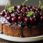 Glossy chocolate cherry upside down cake topped with caramelized cherries