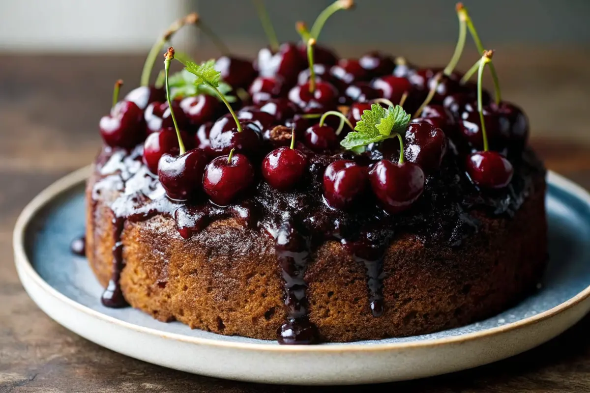 Glossy chocolate cherry upside down cake topped with caramelized cherries
