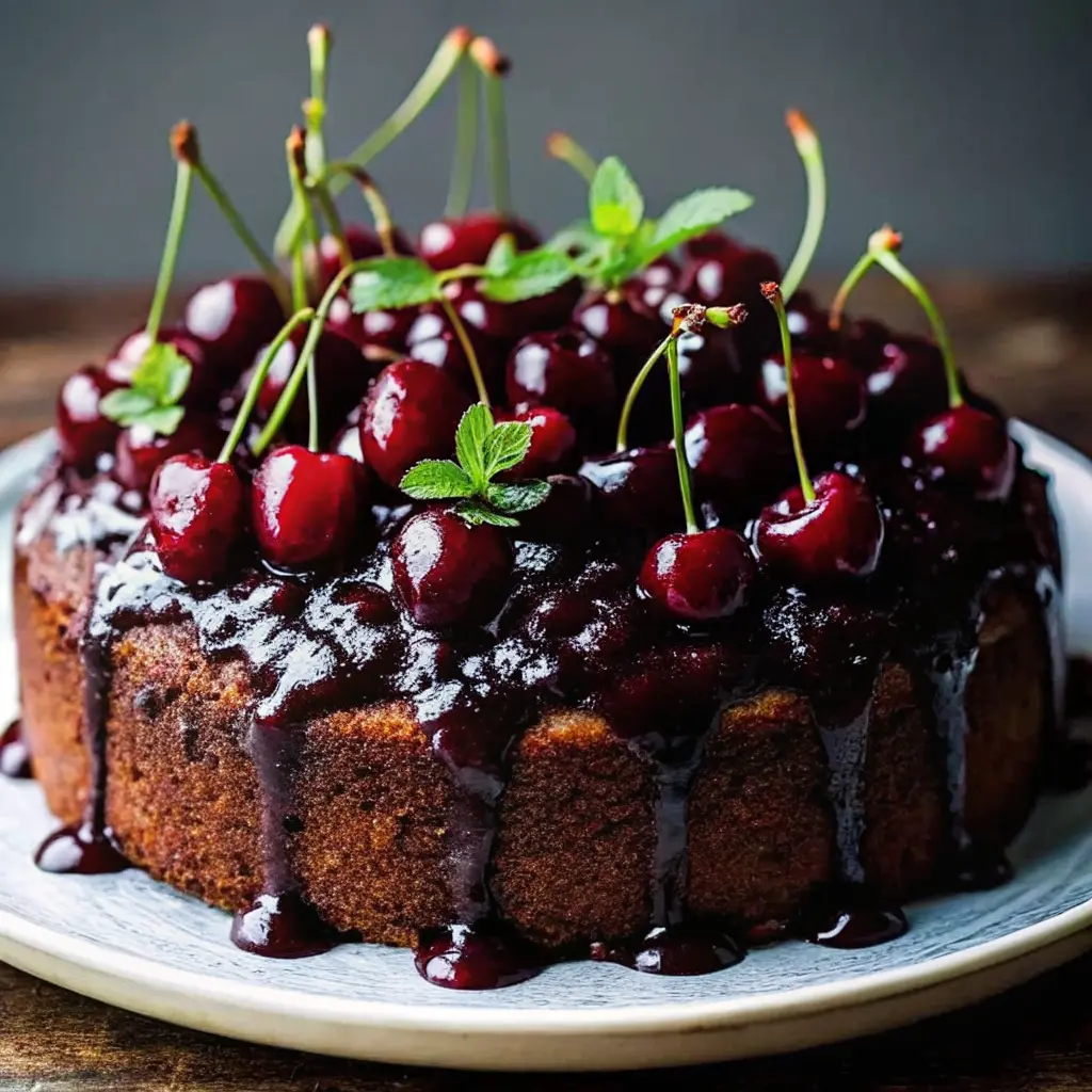 Glossy chocolate cherry upside down cake topped with caramelized cherries
