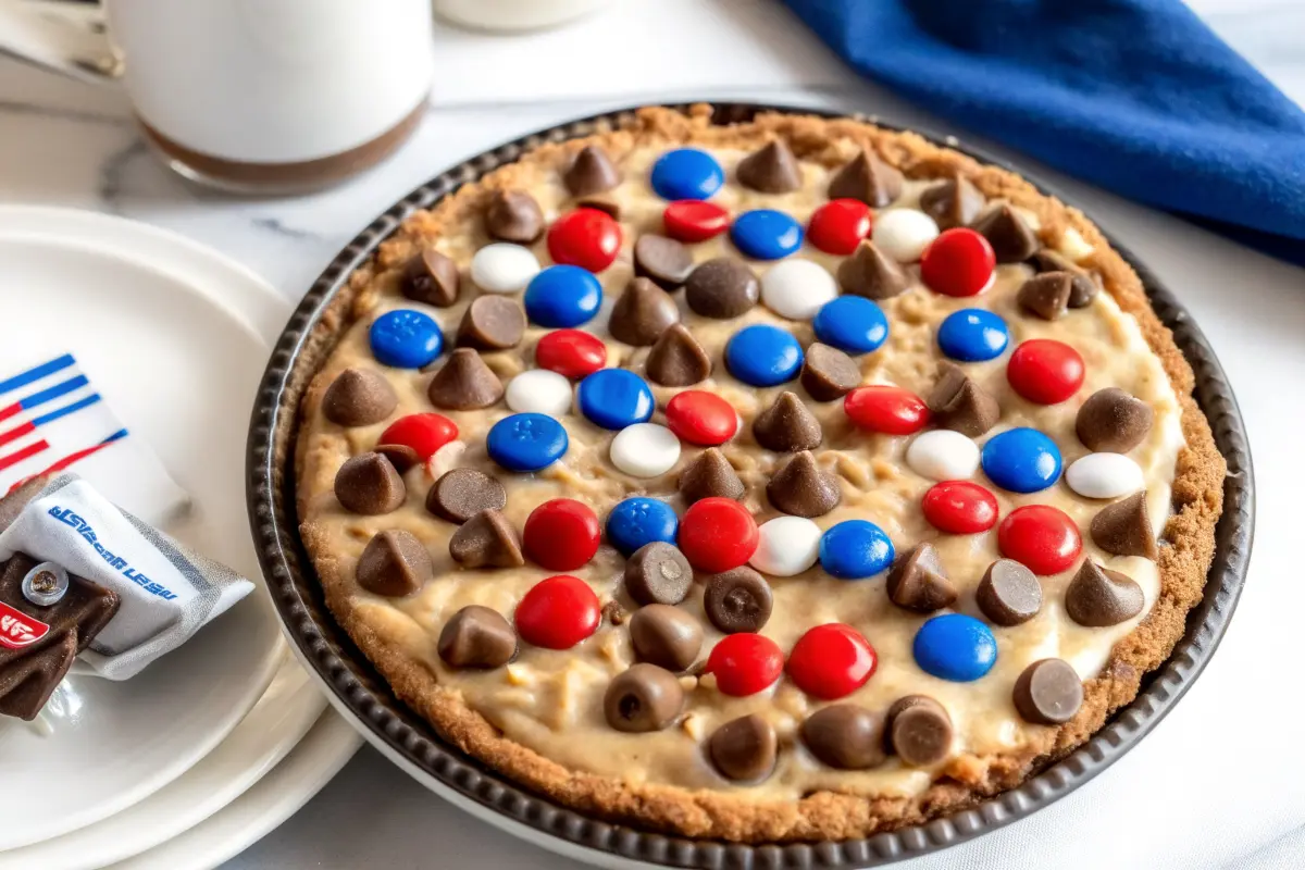Warm slice of gooey chocolate chip cookie pie in a buttery pie crust