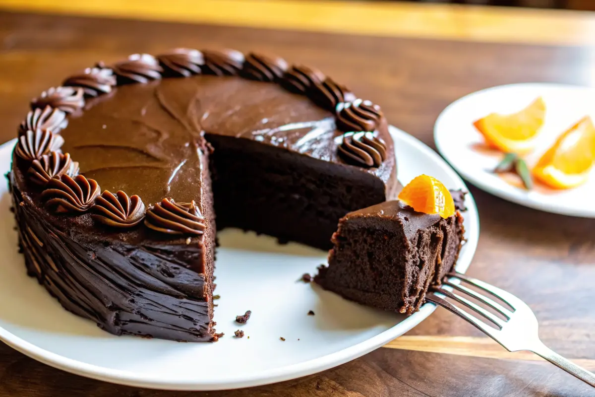 Moist chocolate pumpkin cake topped with creamy frosting and cinnamon dusting