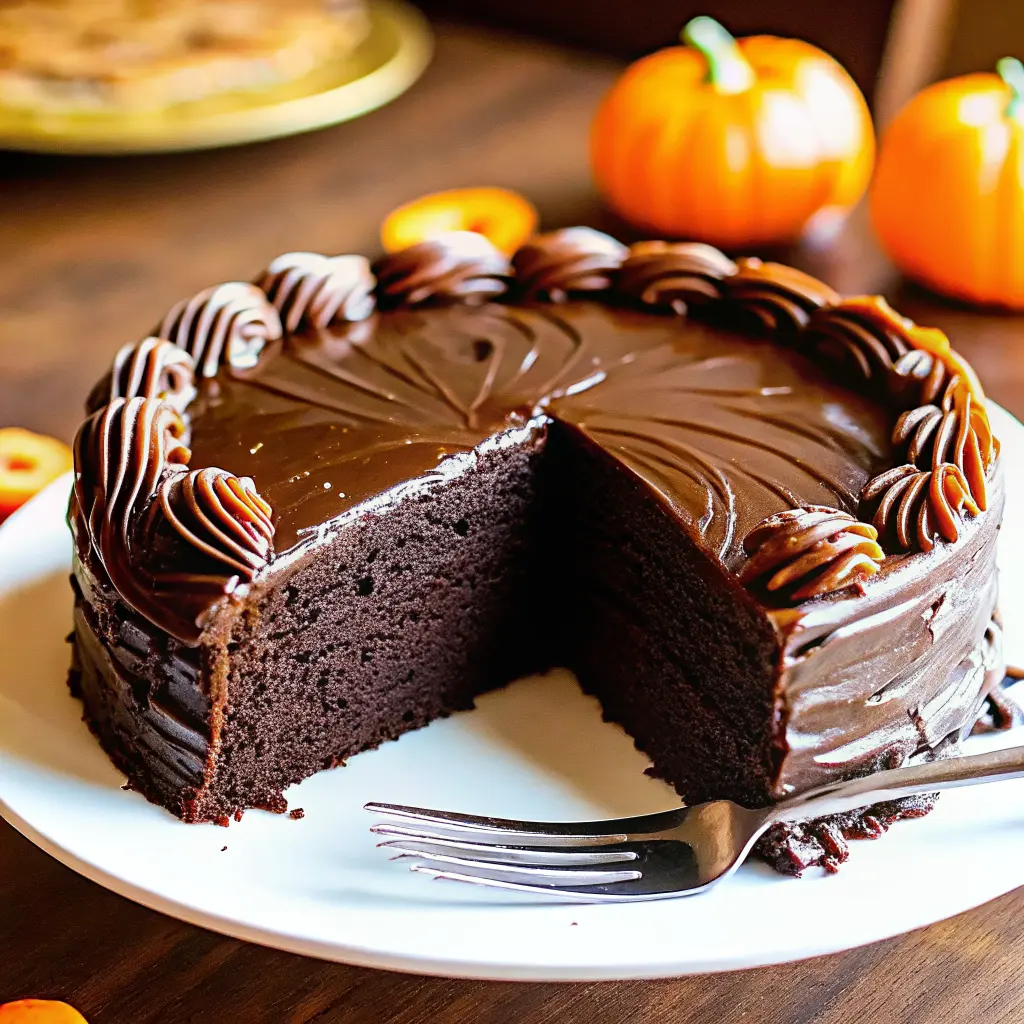 Moist chocolate pumpkin cake topped with creamy frosting and cinnamon dusting