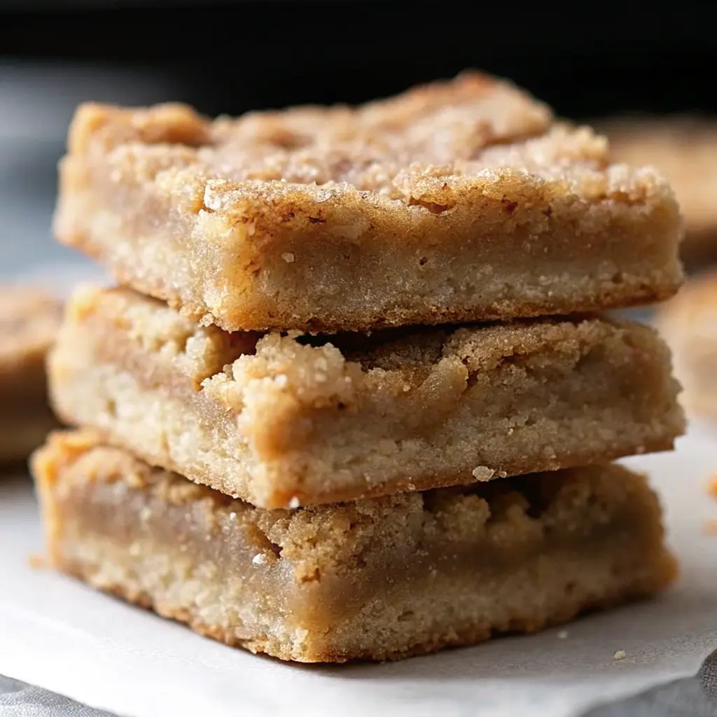 Stack of golden cinnamon sugar blondies with crackly tops on a wooden board