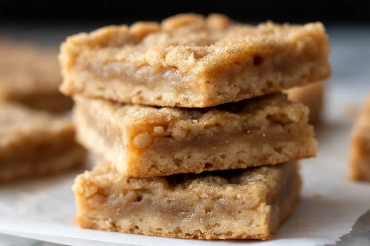 Stack of golden cinnamon sugar blondies with crackly tops on a wooden board