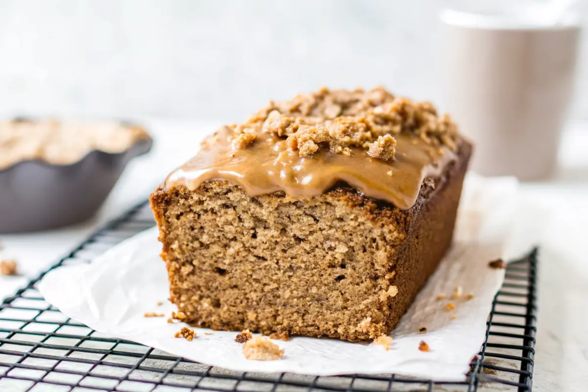 Moist cookie butter banana bread loaf with swirls of creamy speculoos spread
