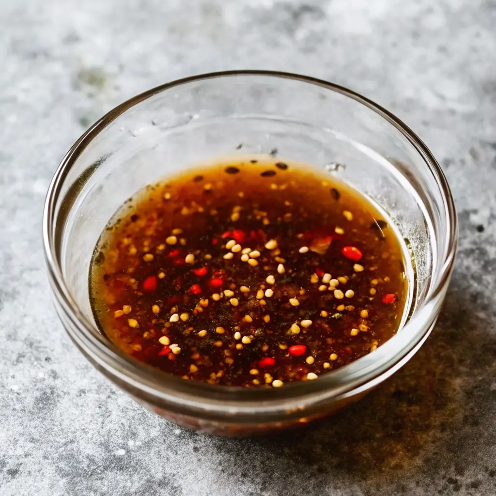 Bowl of Crying Tiger Sauce with chili flakes, herbs, and lime