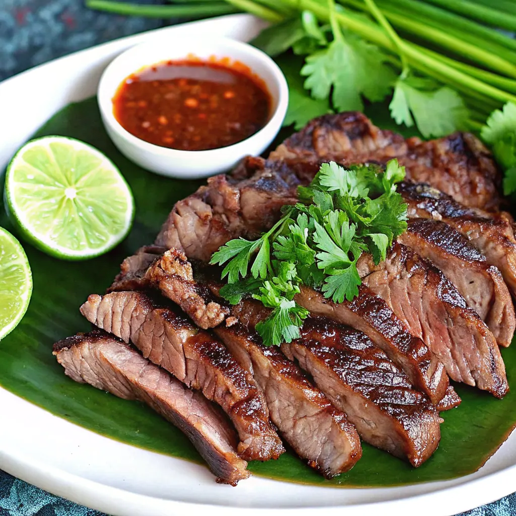 Bowl of Crying Tiger Sauce with chili flakes, herbs, and lime