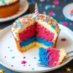 Red, white, and blue Firecracker Cake with glaze drizzle