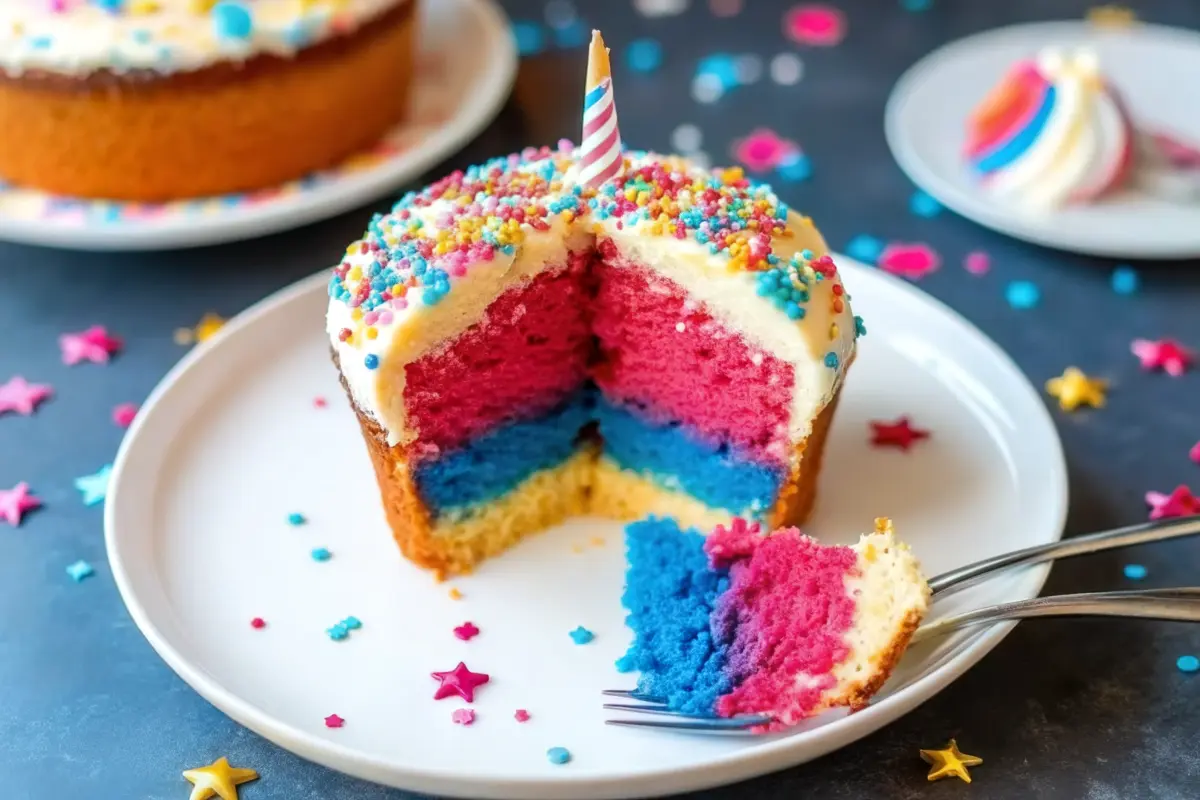 Red, white, and blue Firecracker Cake with glaze drizzle