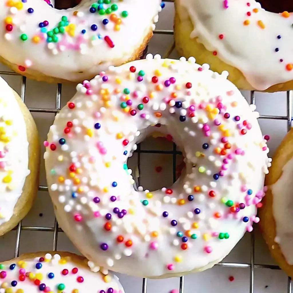 Colorful Funfetti Birthday Cake Donuts with vanilla glaze and rainbow sprinkles