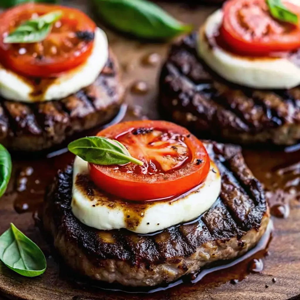 Grilled filet steak topped with fresh mozzarella, sliced tomatoes, and basil leaves on a serving plate