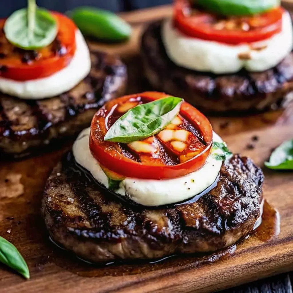 Grilled filet steak topped with fresh mozzarella, sliced tomatoes, and basil leaves on a serving plate
Grilled Filet Steaks with Fresh Mozzarella, Tomato, and Basil