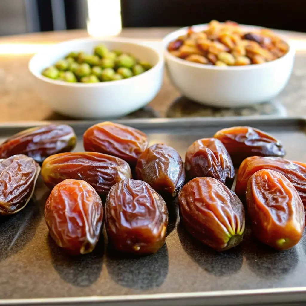Elegant honey pistachio ricotta stuffed dates on a white serving tray
