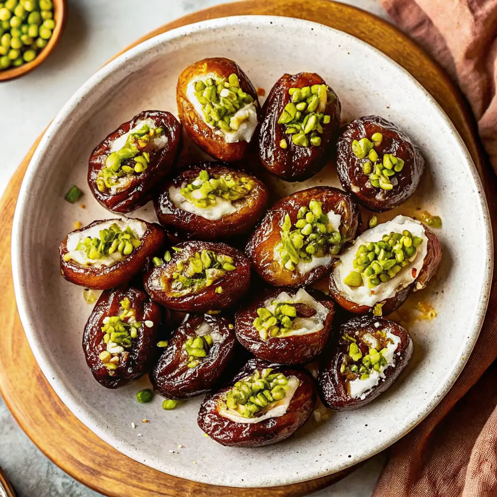Elegant honey pistachio ricotta stuffed dates on a white serving tray