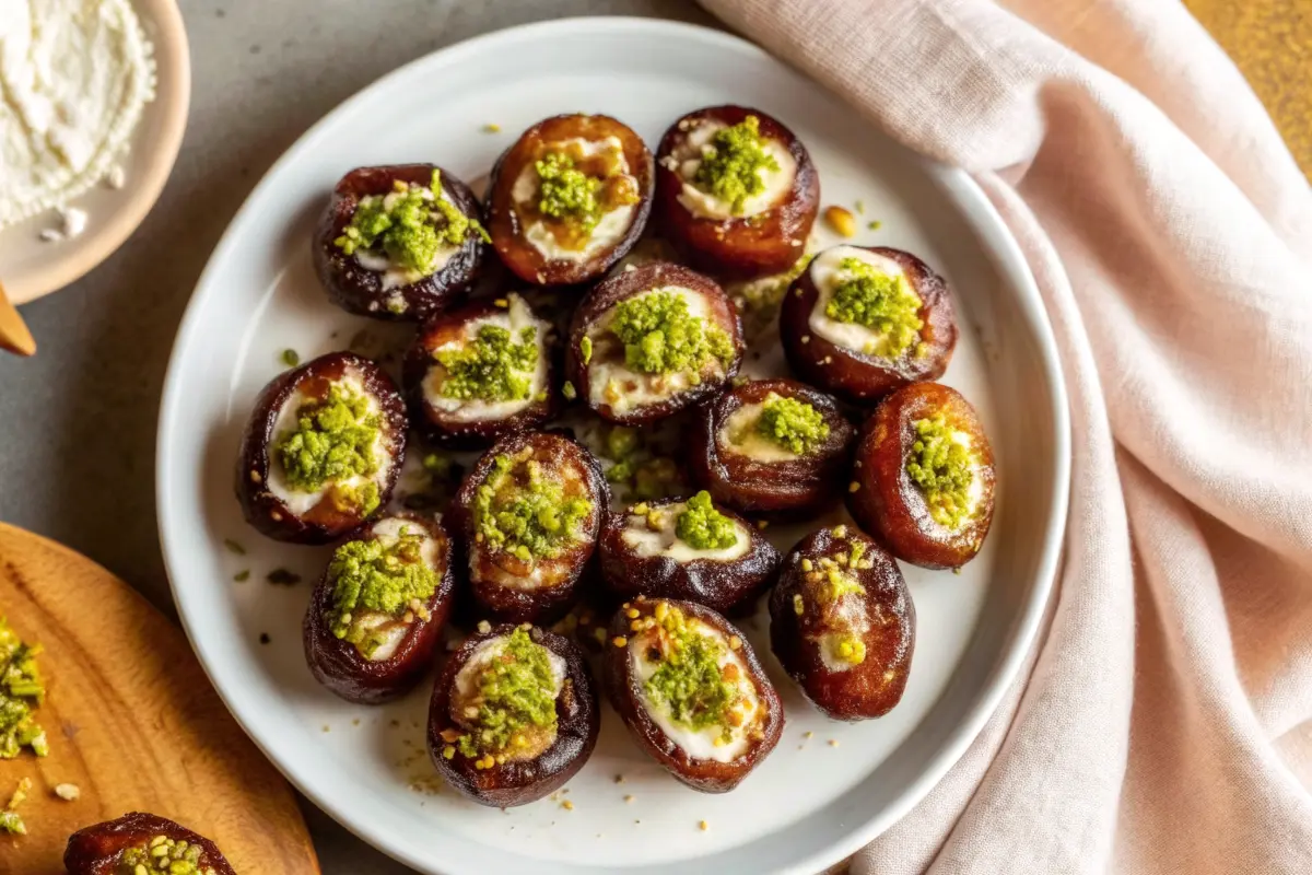 Elegant honey pistachio ricotta stuffed dates on a white serving tray