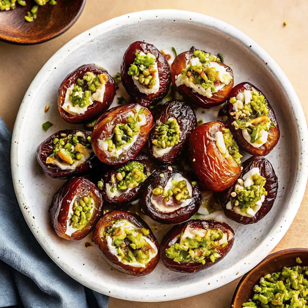 Elegant honey pistachio ricotta stuffed dates on a white serving tray