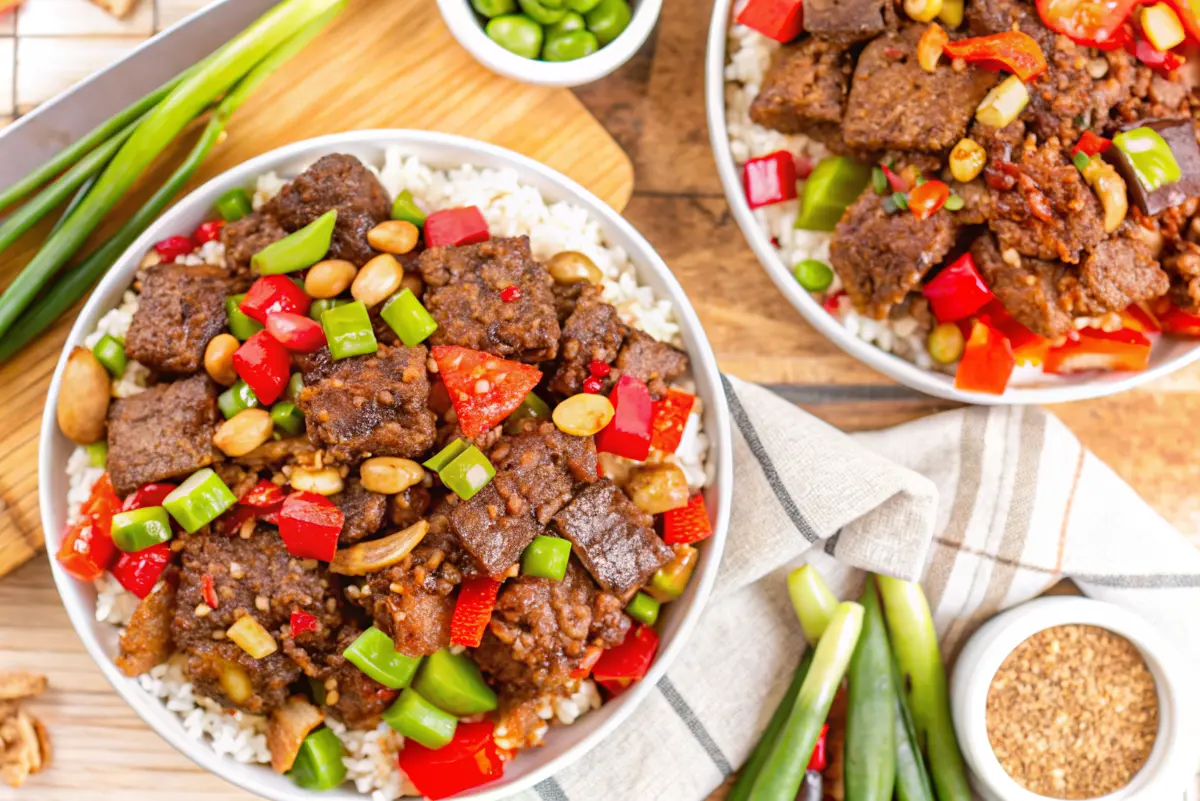 Kung Pao Beef stir-fry with spicy chilies, tender beef strips, and crunchy peanuts served in a wok