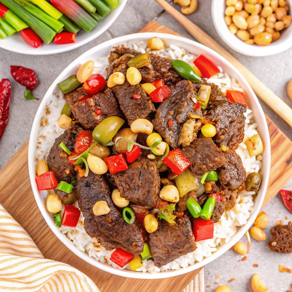 Kung Pao Beef stir-fry with spicy chilies, tender beef strips, and crunchy peanuts served in a wok
