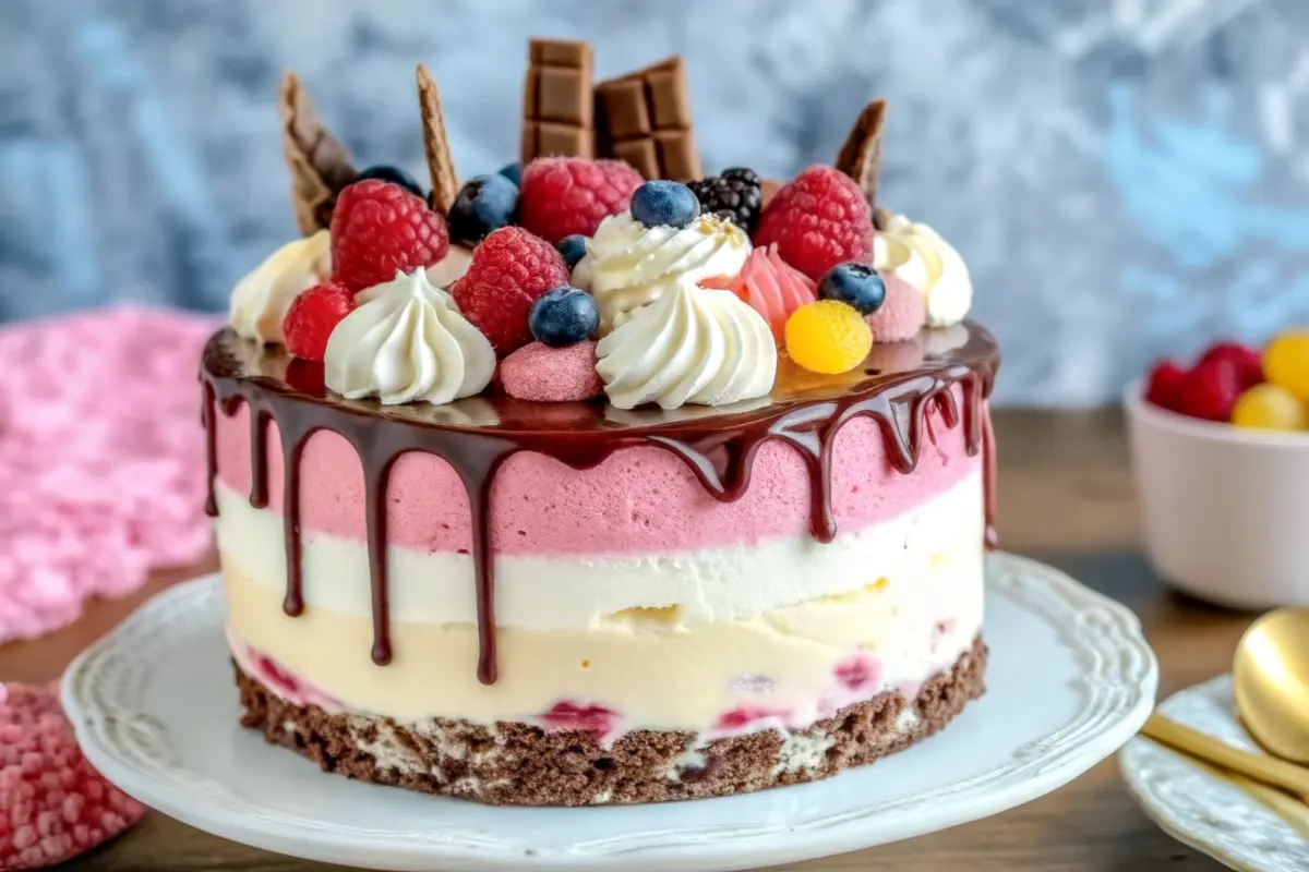 Layered Neapolitan ice cream cake with chocolate, vanilla, and strawberry layers topped with whipped cream and ganache Neapolitan Ice Cream Cake Recipe