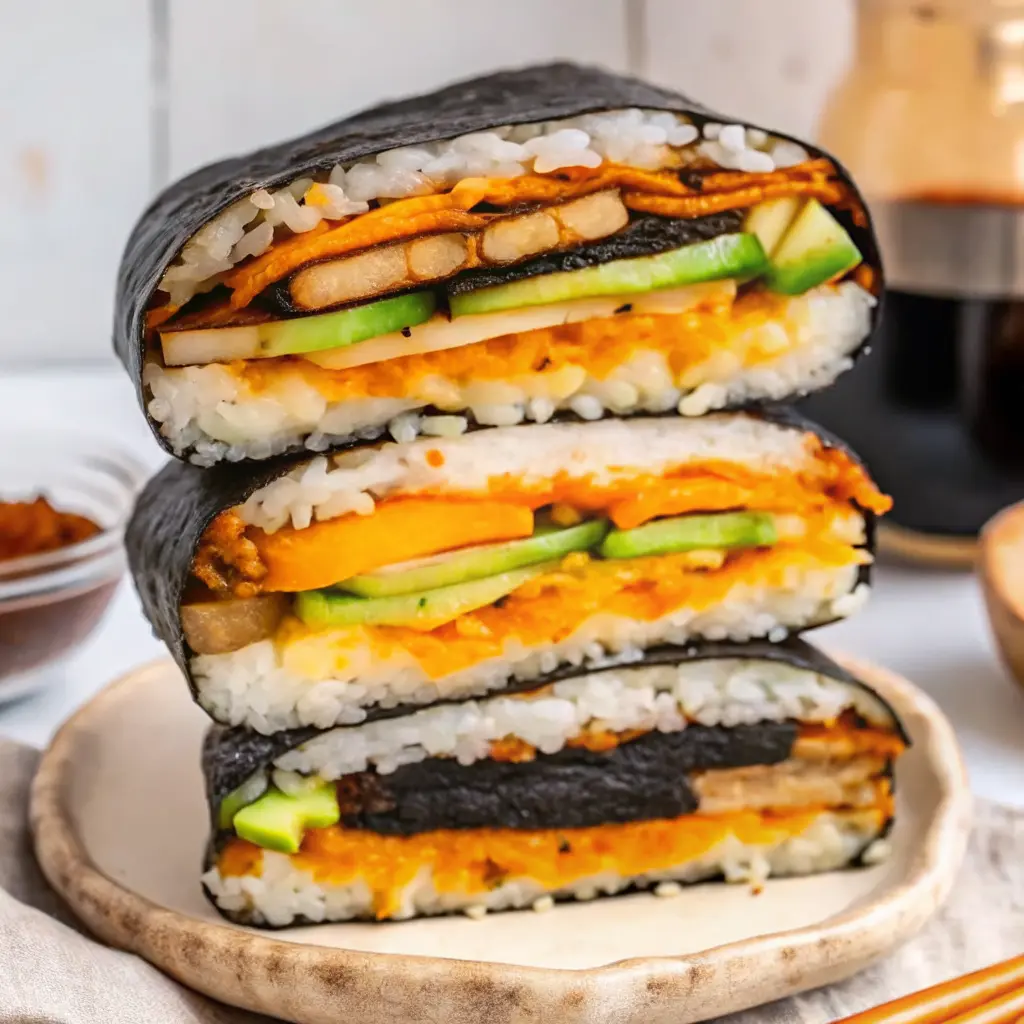 Colorful Onigirazu (Sushi Sandwich) with layered fillings
