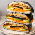 Colorful Onigirazu sushi sandwich with layered fillings