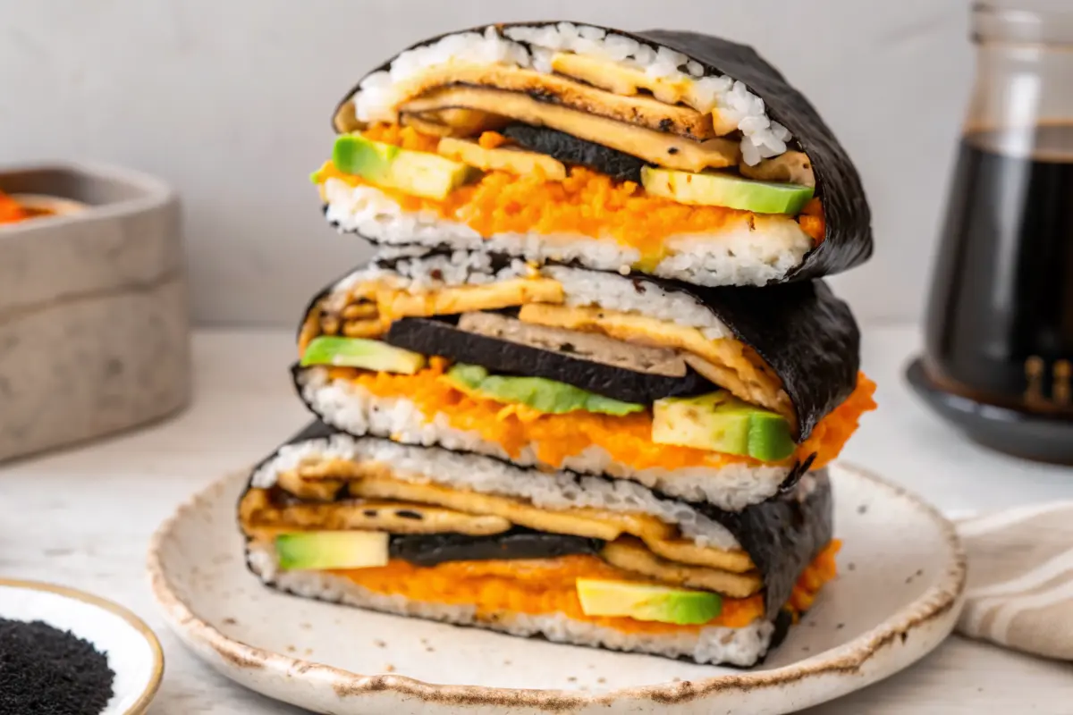 Colorful Onigirazu sushi sandwich with layered fillings