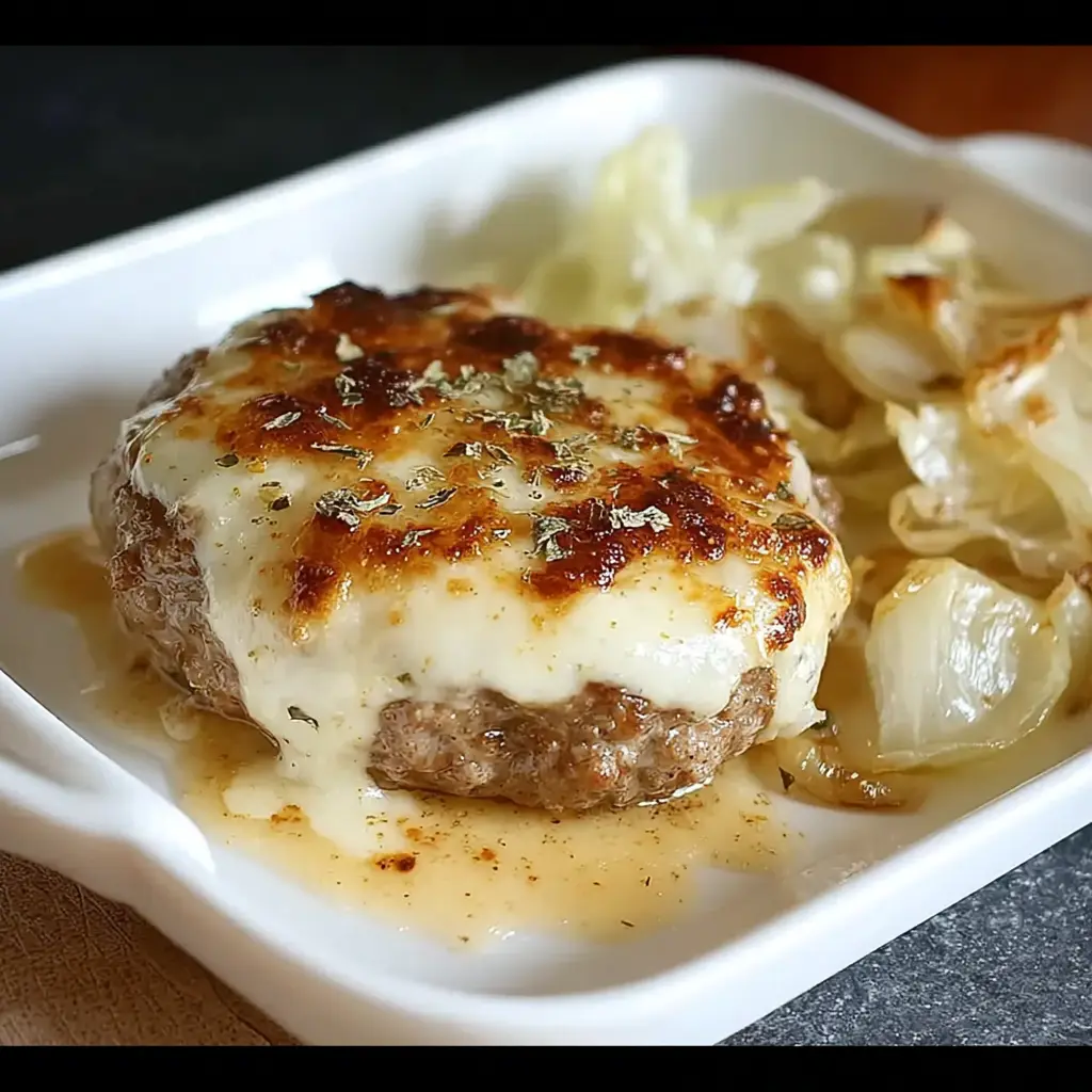 Oven Baked Cabbage Burgers with melted cheese on roasted cabbage steak