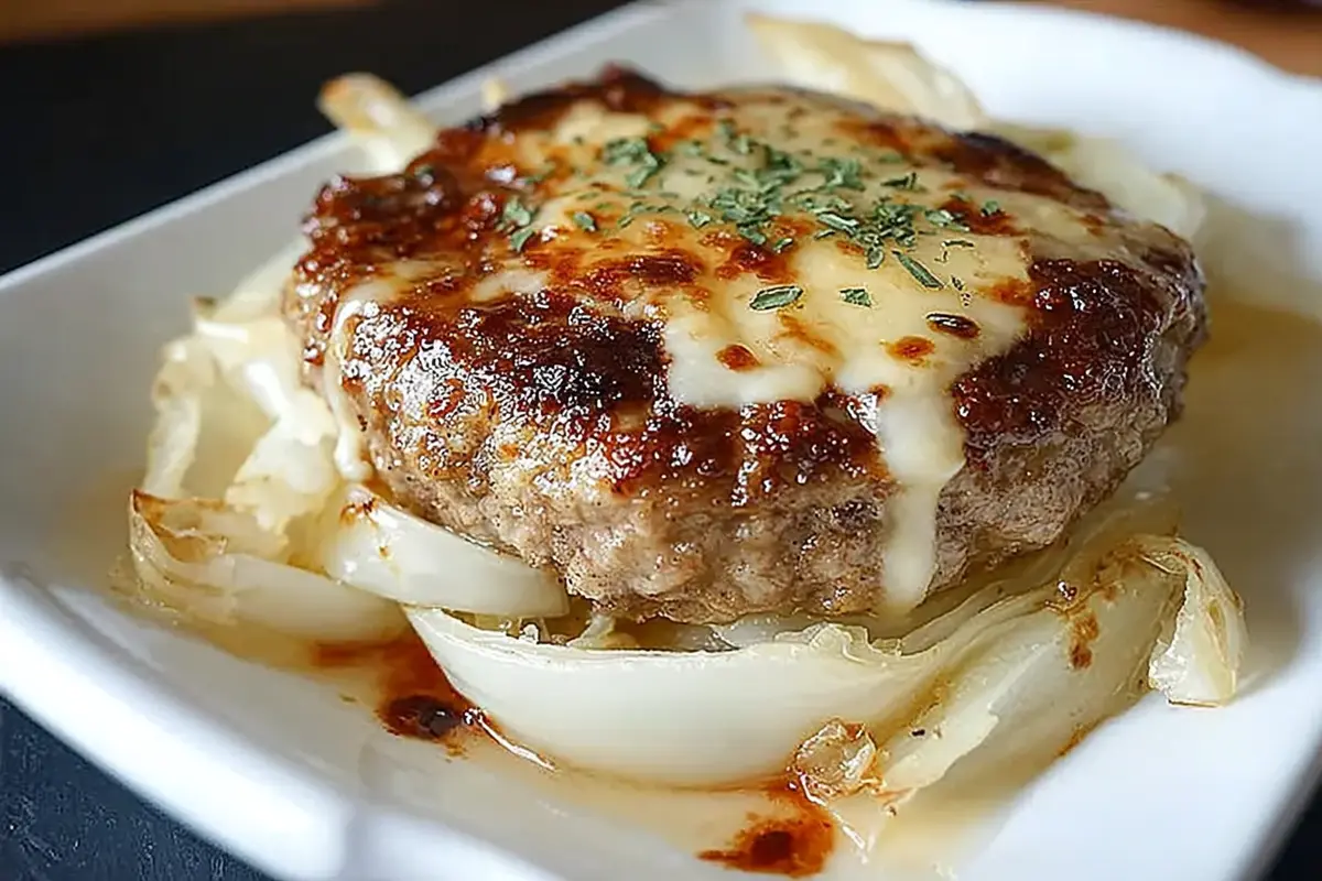 Oven baked cabbage burger with melted cheese on roasted cabbage steak Oven Baked Cabbage Burgers