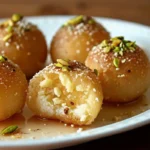 Close-up of ricotta pistachio honey bites drizzled with golden honey and topped with crushed pistachios.