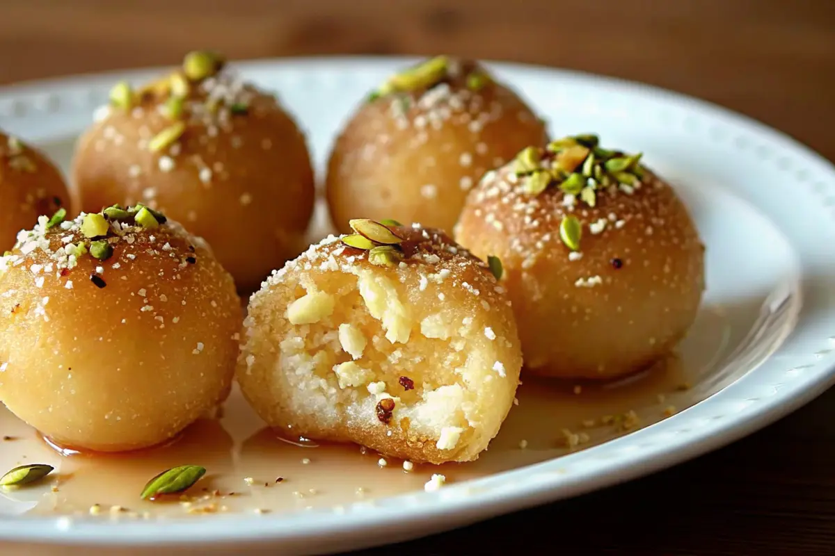 Close-up of ricotta pistachio honey bites drizzled with golden honey and topped with crushed pistachios.
