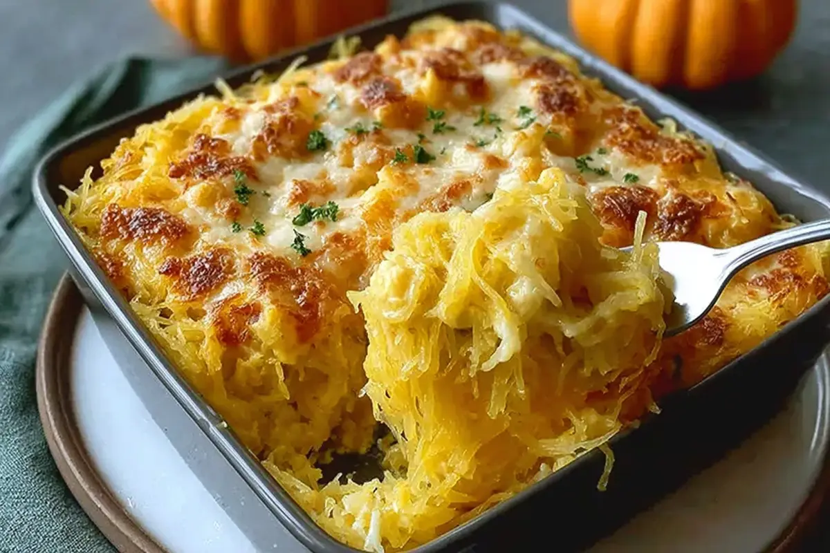 Golden baked spaghetti squash mac and cheese in a rustic casserole dish Spaghetti Squash Mac and Cheese Recipe