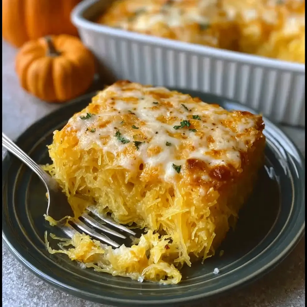 Golden baked spaghetti squash mac and cheese recipe in a rustic casserole dish