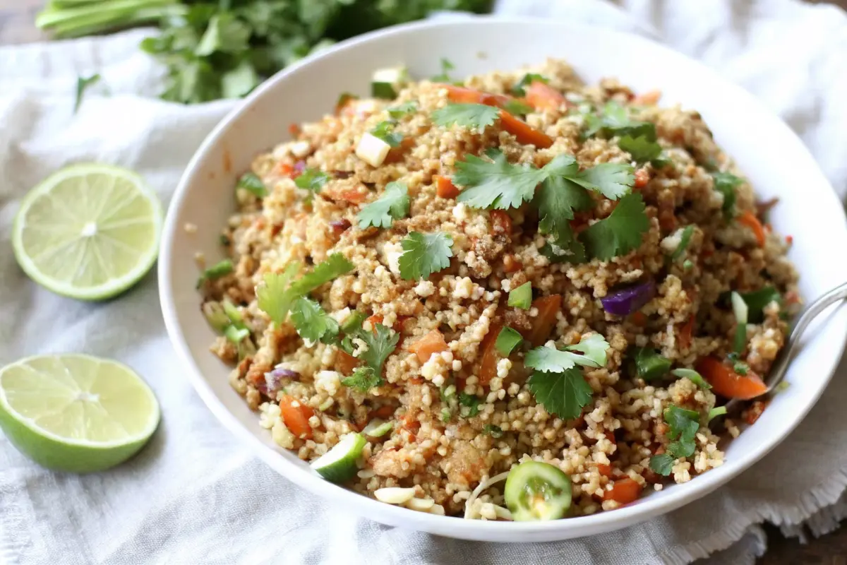 Colorful Thai quinoa crunch salad in a bowl with lime and herbs