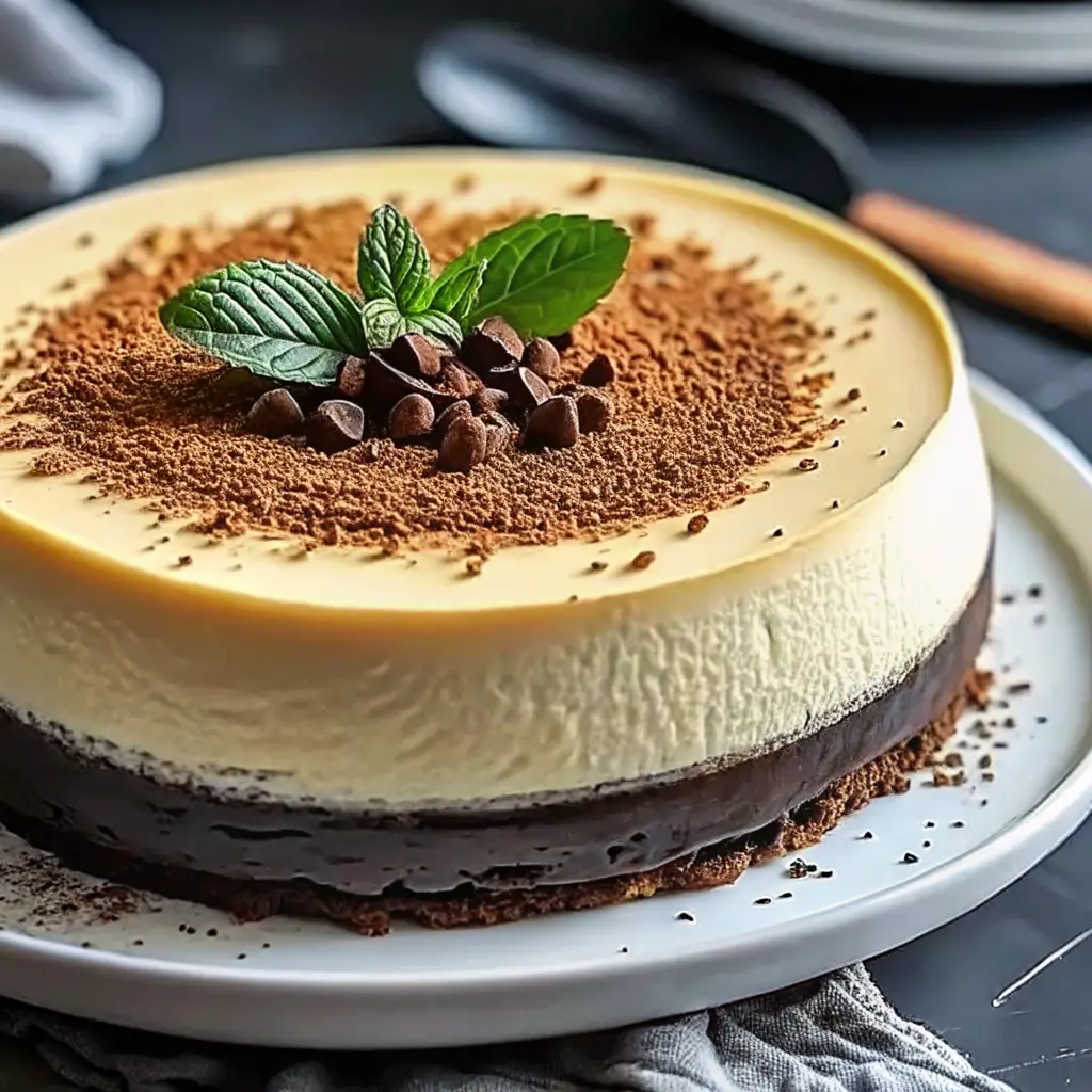 A slice of vanilla bean brown butter cheesecake topped with caramel and vanilla specks.