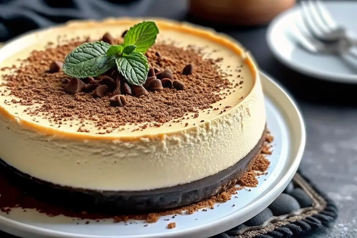 A slice of vanilla bean brown butter cheesecake topped with caramel and vanilla specks.