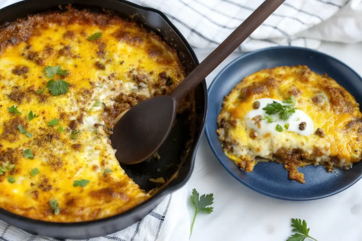 Baked chile relleno casserole with roasted poblano peppers and melted cheese in a dish