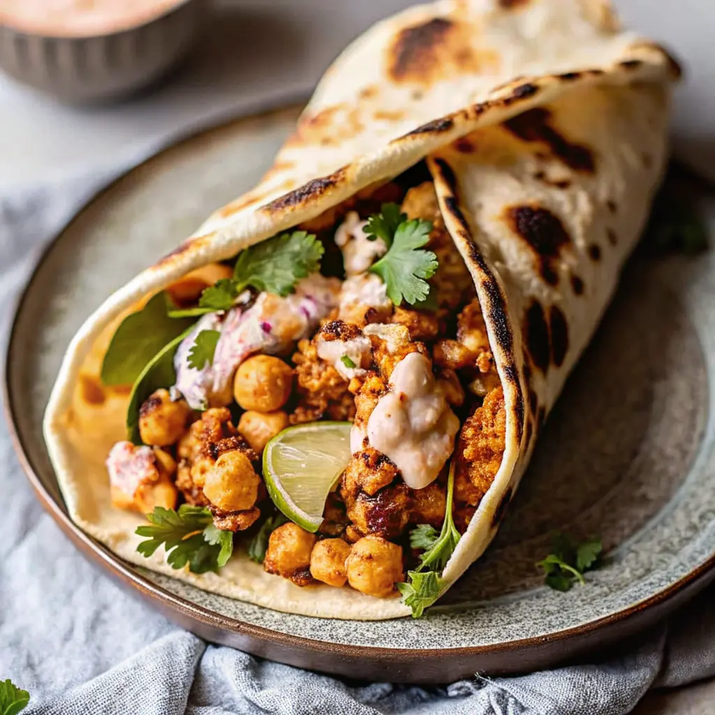 Chili lime chickpea cauliflower wrap with crispy chickpeas and creamy sauce in a tortilla