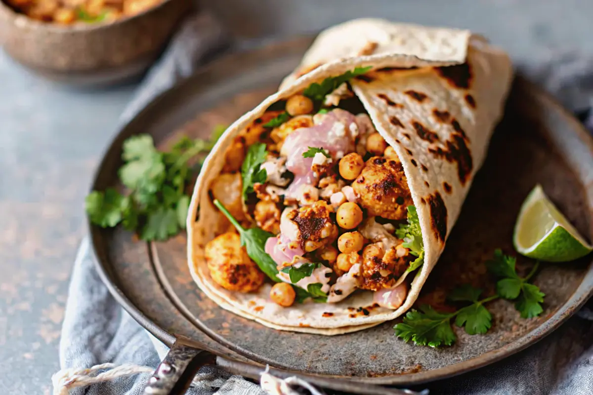 Chili lime chickpea cauliflower wrap with crispy chickpeas and creamy sauce in a tortilla