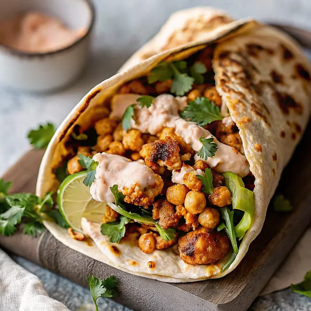 Chili lime chickpea cauliflower wrap with crispy chickpeas and creamy sauce in a tortilla