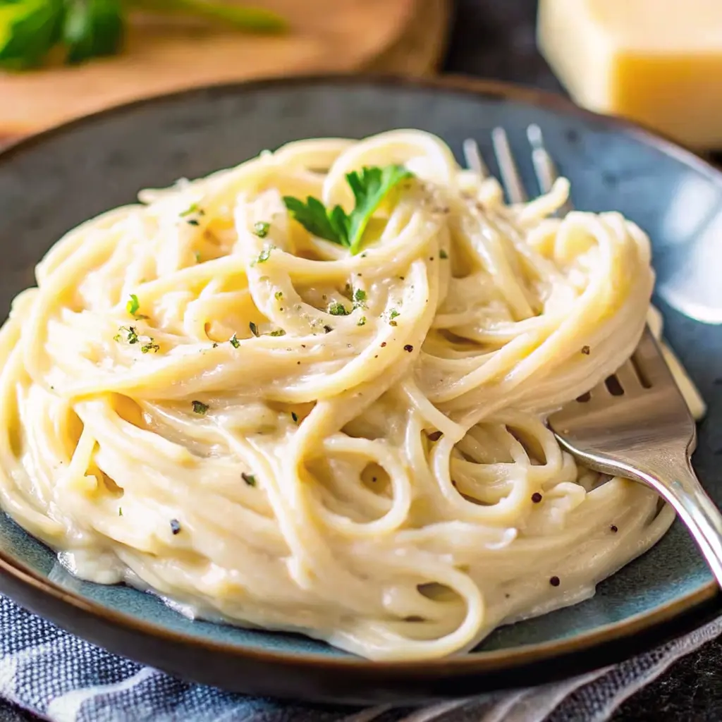A steaming bowl of cream cheese pasta coated in a silky sauce and topped with fresh parsley.