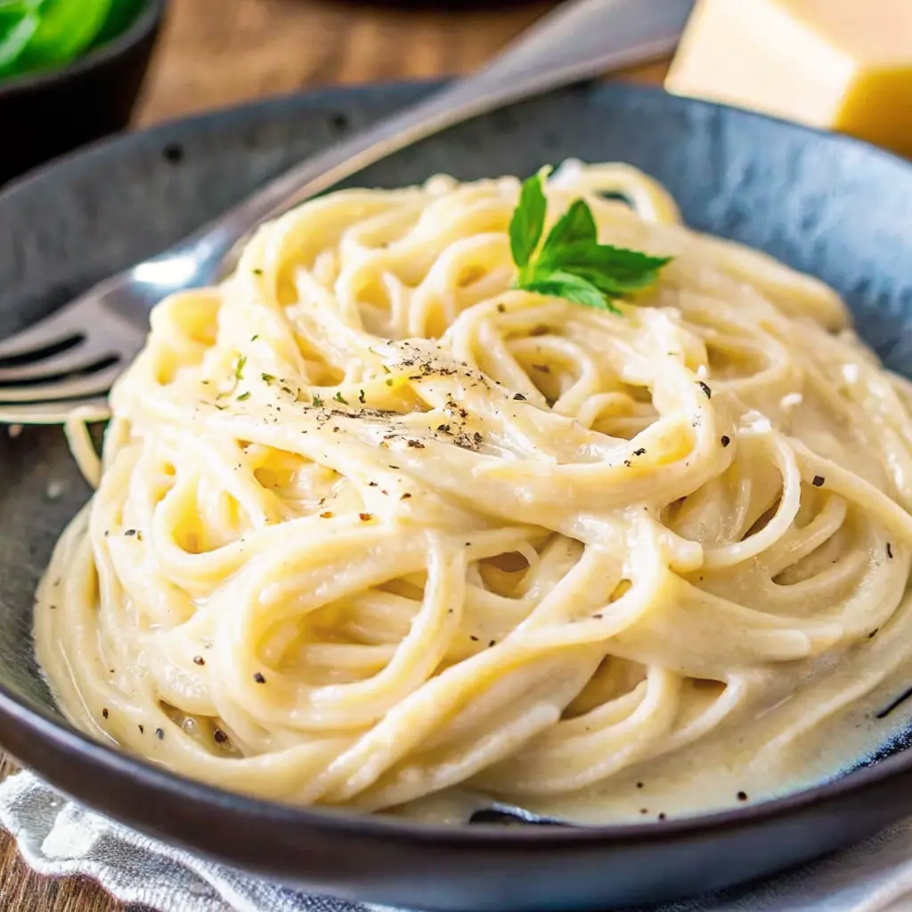 A steaming bowl of cream cheese pasta coated in a silky sauce and topped with fresh parsley.