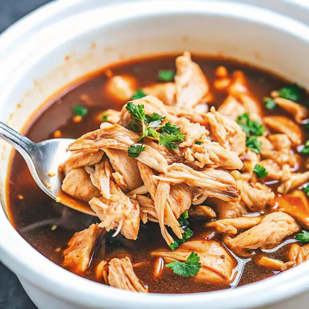 Juicy crock pot bourbon chicken coated in a rich sweet and savory sauce served over fluffy rice